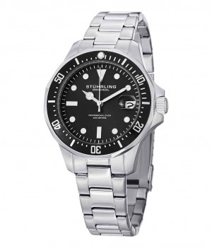Aquadiver Stuhrling 664 Quartz 39mm Diver Hombre Negras Plateadas | 378016-HSQ