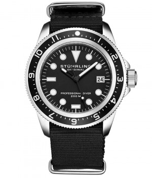 Aquadiver Stuhrling Cobia 966B Quartz 42mm Diver Hombre Negras Plateadas | 968045-CQJ