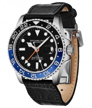 Aquadiver Stuhrling Meridian 3968L GMT Quartz 42mm Diver Hombre Negras Plateadas | 354082-HDO