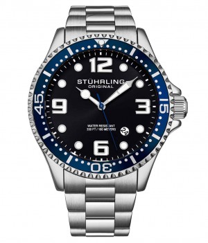 Aquadiver Stuhrling Regatta Champion 4006 Quartz 44mm Diver Hombre Negras Plateadas | 583216-TCR