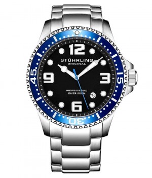 Aquadiver Stuhrling Regatta Champion XL 395XL Quartz 44mm Diver Hombre Negras Plateadas | 783146-NPJ