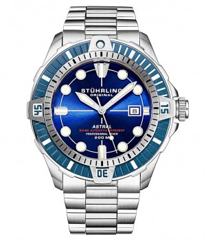 Aquadiver Stuhrling Swiss Automático Astral 1005 45mm Watch Hombre Azules Plateadas | 384691-VIG