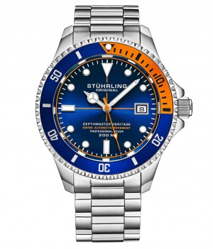 Aquadiver Stuhrling Swiss Automático Depthmaster Heritage 883H 42mm Diver Hombre Azules Plateadas | 802715-OTH